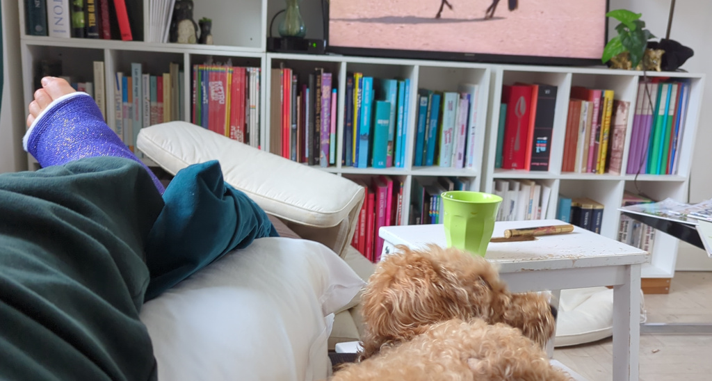 Artiklens hovedperson med brækket ankelfraktur og hund i sofaen