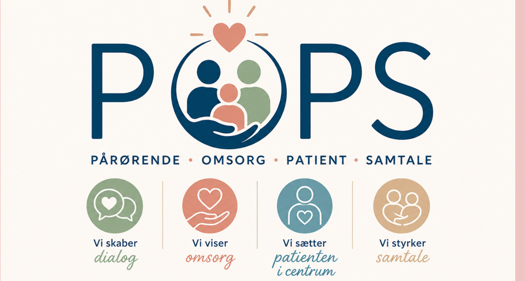 Grafisk billede med teksten: POPS. Pårørende, Omsorg, Patient. Samtale